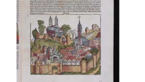 A woodcut image labeled Ferrara from the Nuremberg Chronicle, which is the same woodcut as several other woodcuts